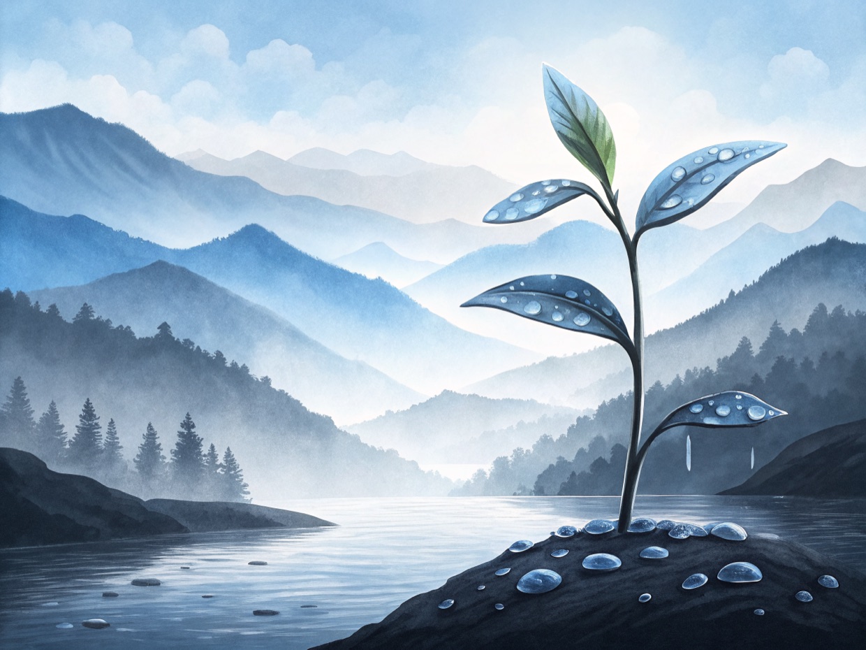 A dewy young sprout growing from the earth beside a still, misty mountain lake.